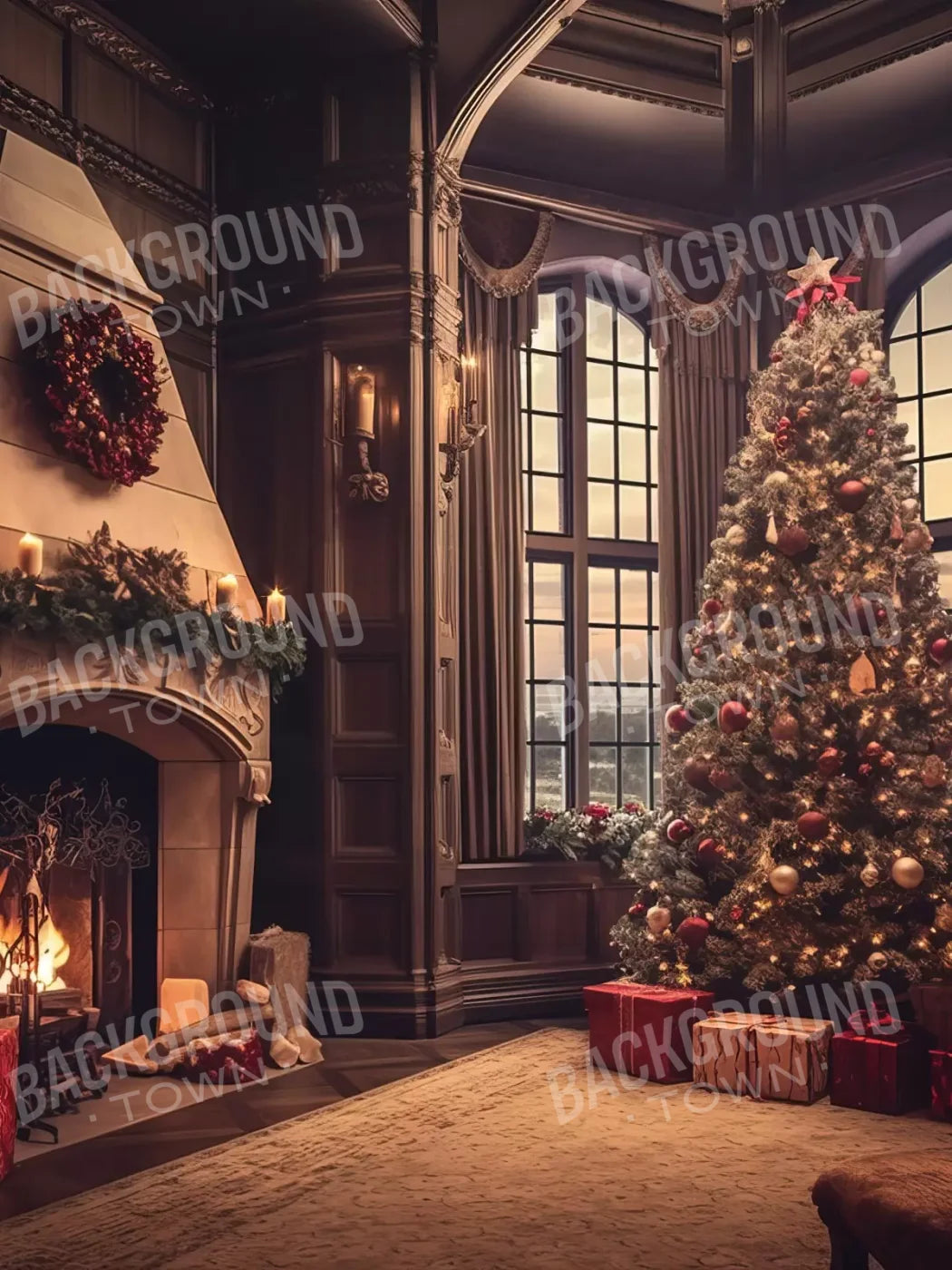 Ornate Christmas Livingroom 6’X8’ Fleece (72 X 96 Inch) Backdrop