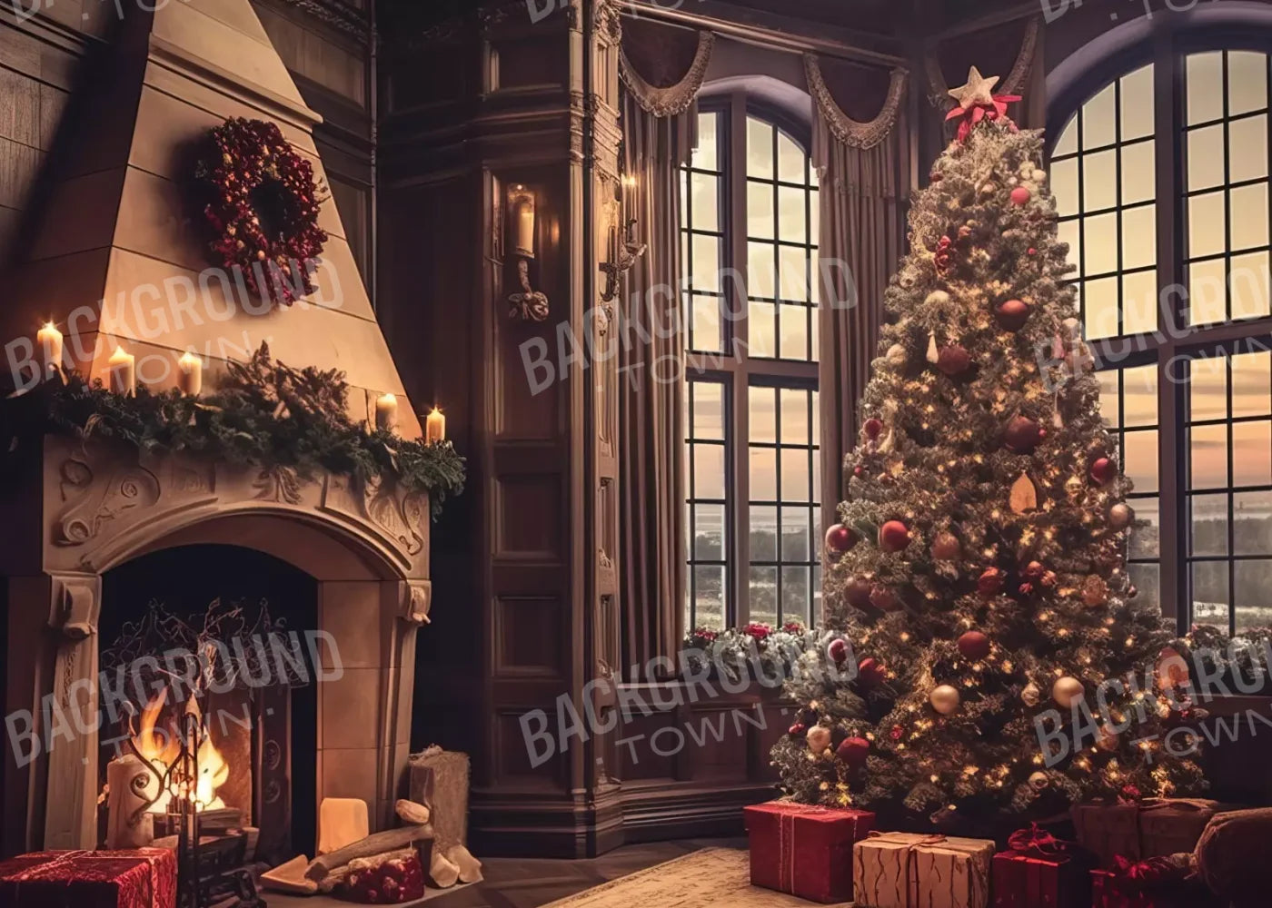 Ornate Christmas Livingroom 7’X5’ Ultracloth (84 X 60 Inch) Backdrop