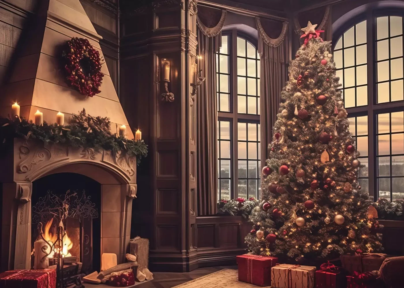 Ornate Christmas Livingroom 7’X5’ Ultracloth (84 X 60 Inch) Backdrop