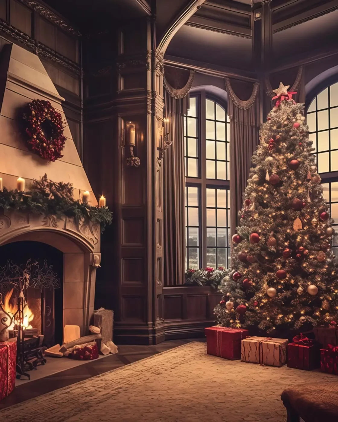 Ornate Christmas Livingroom 8’X10’ Fleece (96 X 120 Inch) Backdrop