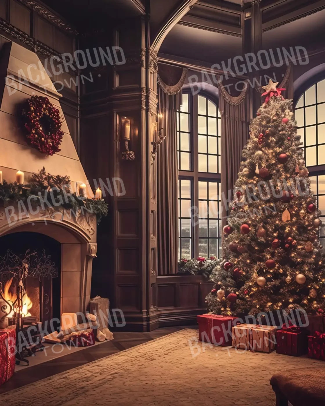 Ornate Christmas Livingroom 8’X10’ Fleece (96 X 120 Inch) Backdrop