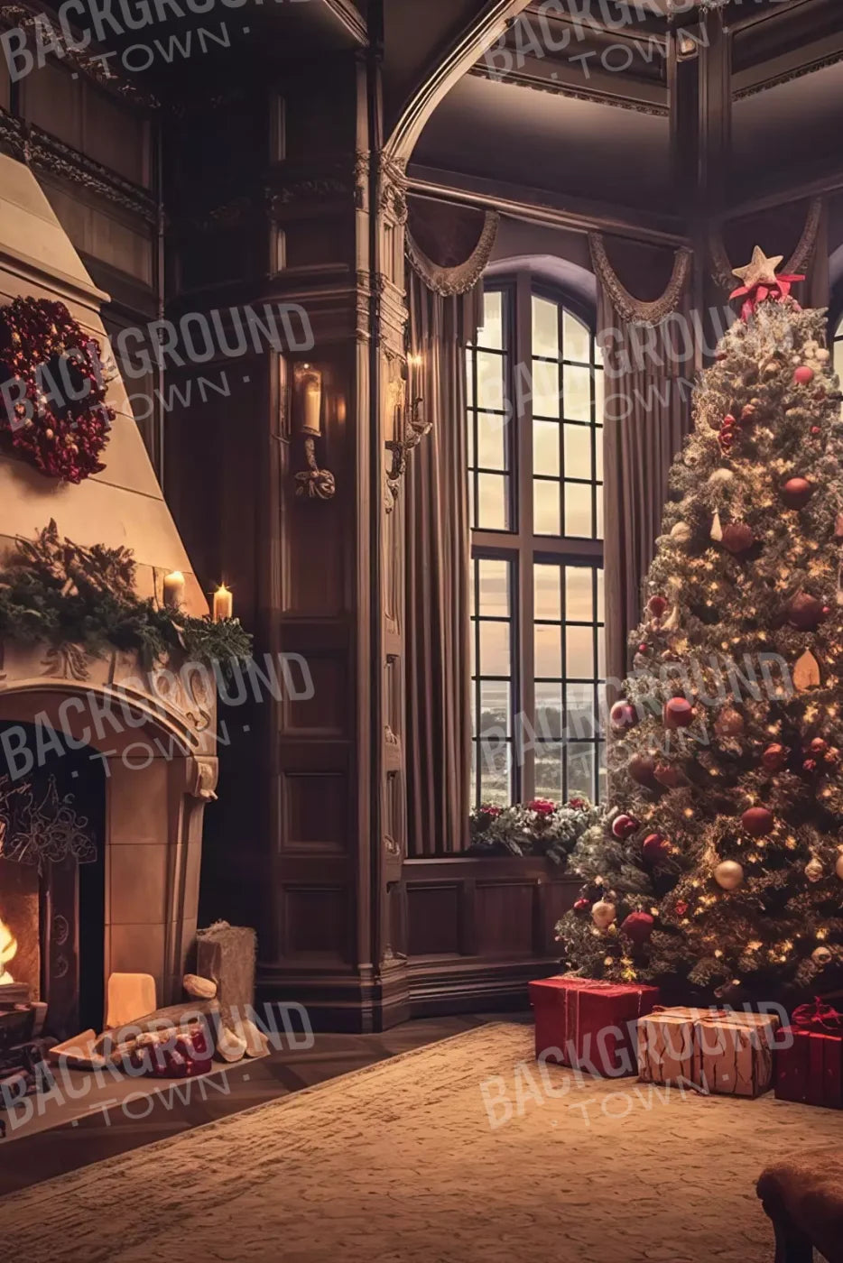Ornate Christmas Livingroom 8’X12’ Ultracloth (96 X 144 Inch) Backdrop