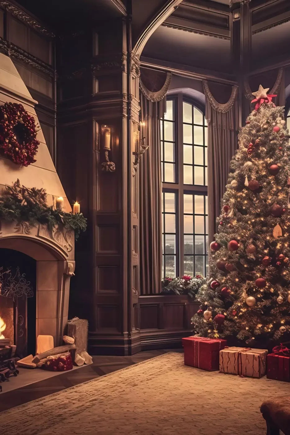 Ornate Christmas Livingroom 8’X12’ Ultracloth (96 X 144 Inch) Backdrop