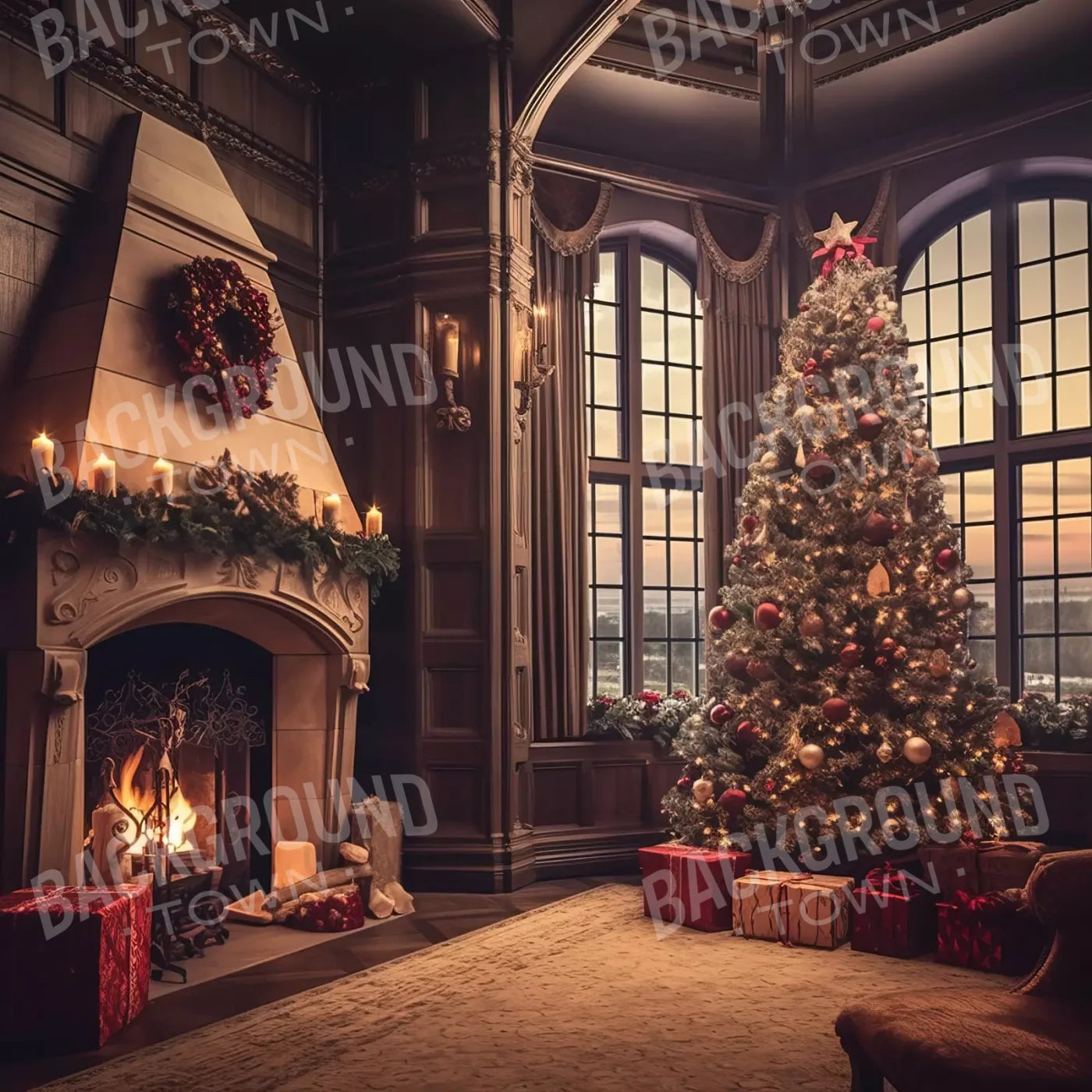 Ornate Christmas Livingroom 8’X8’ Fleece (96 X Inch) Backdrop