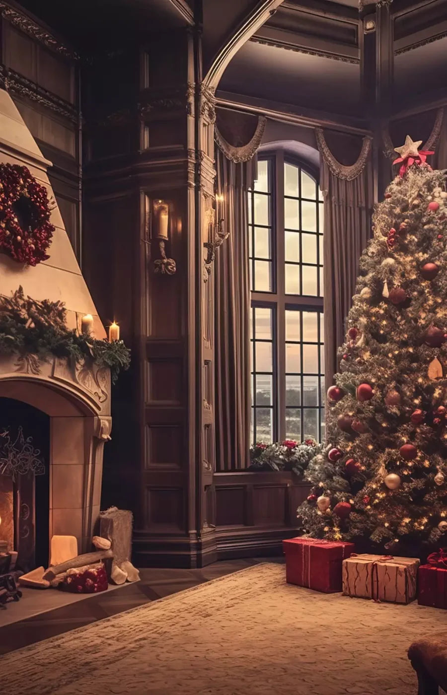 Ornate Christmas Livingroom 9’X14’ Ultracloth (108 X 168 Inch) Backdrop