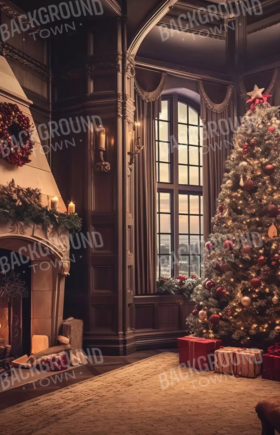 Ornate Christmas Livingroom 9’X14’ Ultracloth (108 X 168 Inch) Backdrop