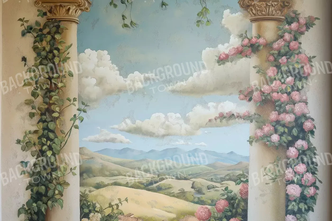 Painted Pillars With Flowers 12’X8’ Ultracloth (144 X 96 Inch) Backdrop