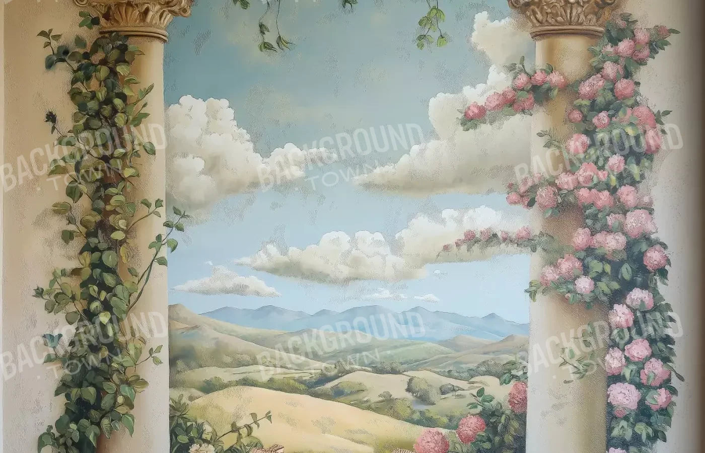Painted Pillars With Flowers 14’X9’ Ultracloth (168 X 108 Inch) Backdrop