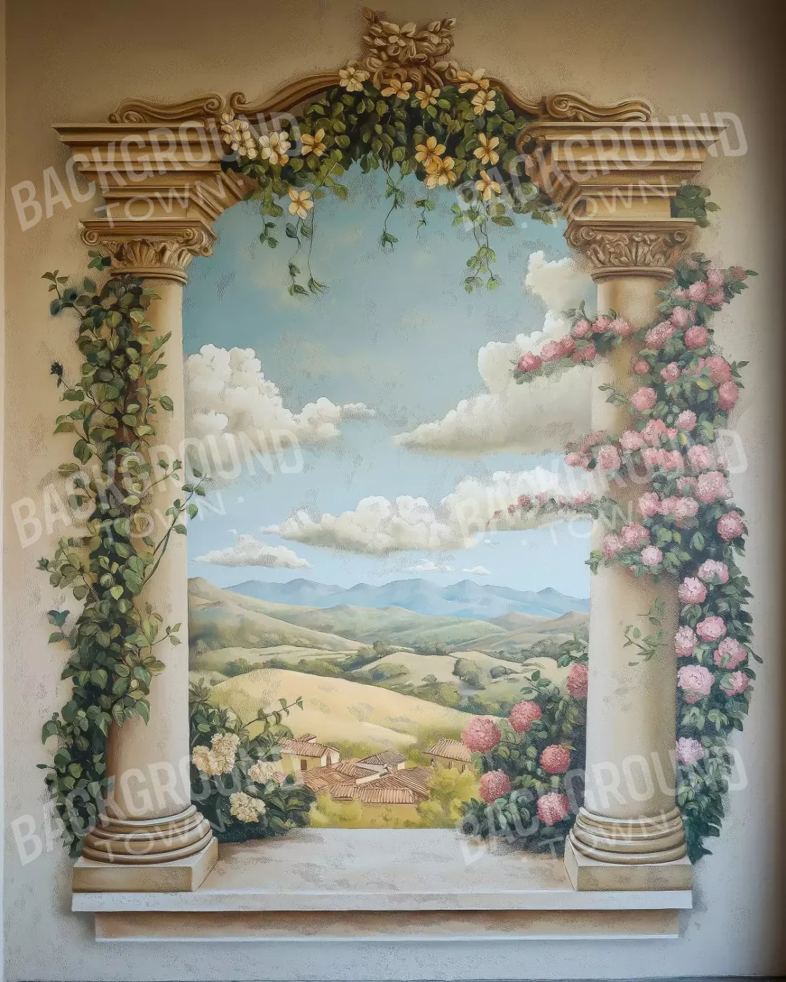 Painted Pillars With Flowers 8’X10’ Fleece (96 X 120 Inch) Backdrop