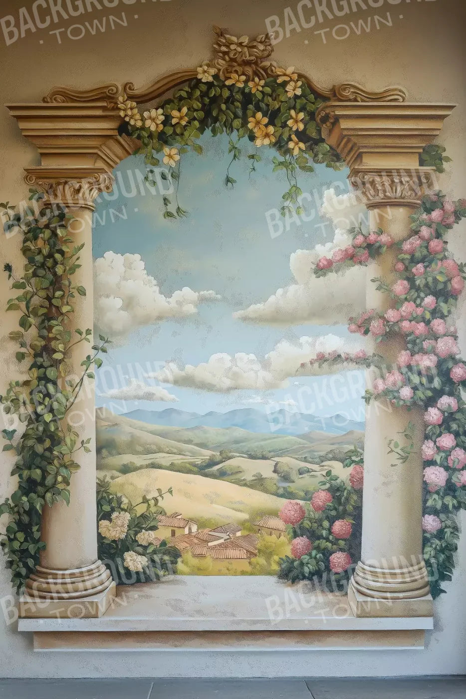 Painted Pillars With Flowers 8’X12’ Ultracloth (96 X 144 Inch) Backdrop