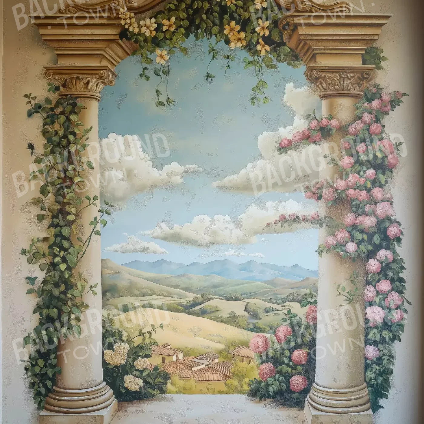 Painted Pillars With Flowers 8’X8’ Fleece (96 X Inch) Backdrop