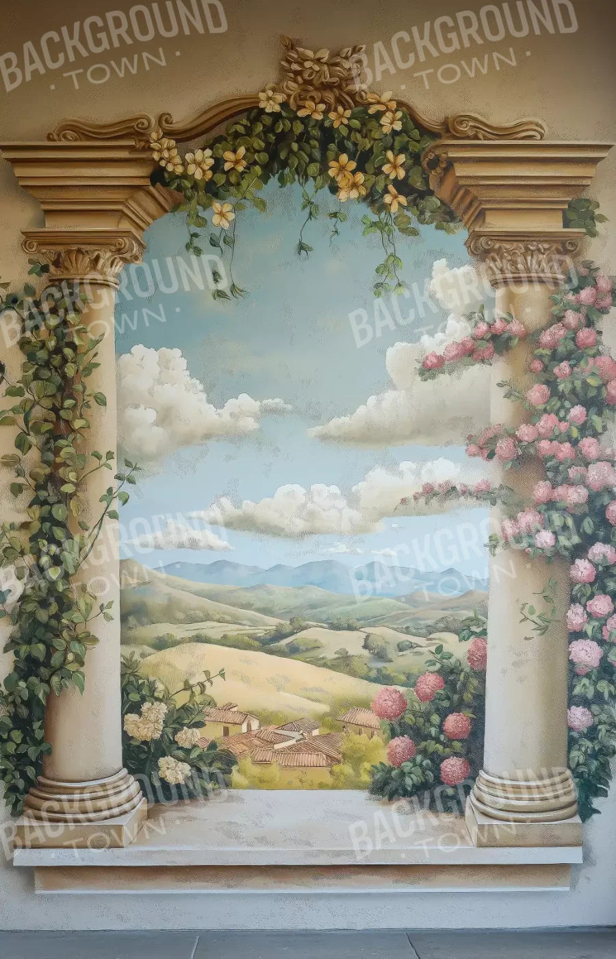 Painted Pillars With Flowers 9’X14’ Ultracloth (108 X 168 Inch) Backdrop