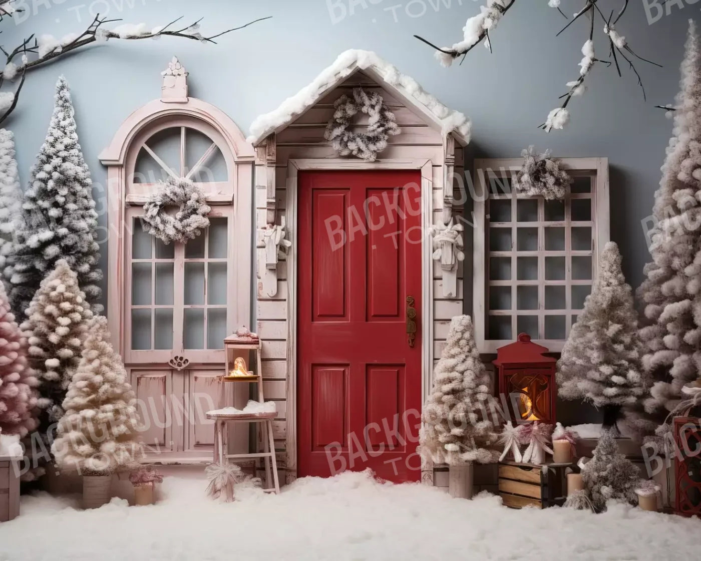 Pastel Christmas Door I 10’X8’ Fleece (120 X 96 Inch) Backdrop