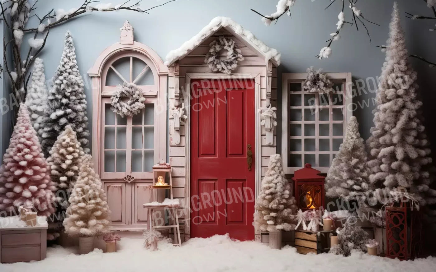 Pastel Christmas Door I 16’X10’ Ultracloth (192 X 120 Inch) Backdrop