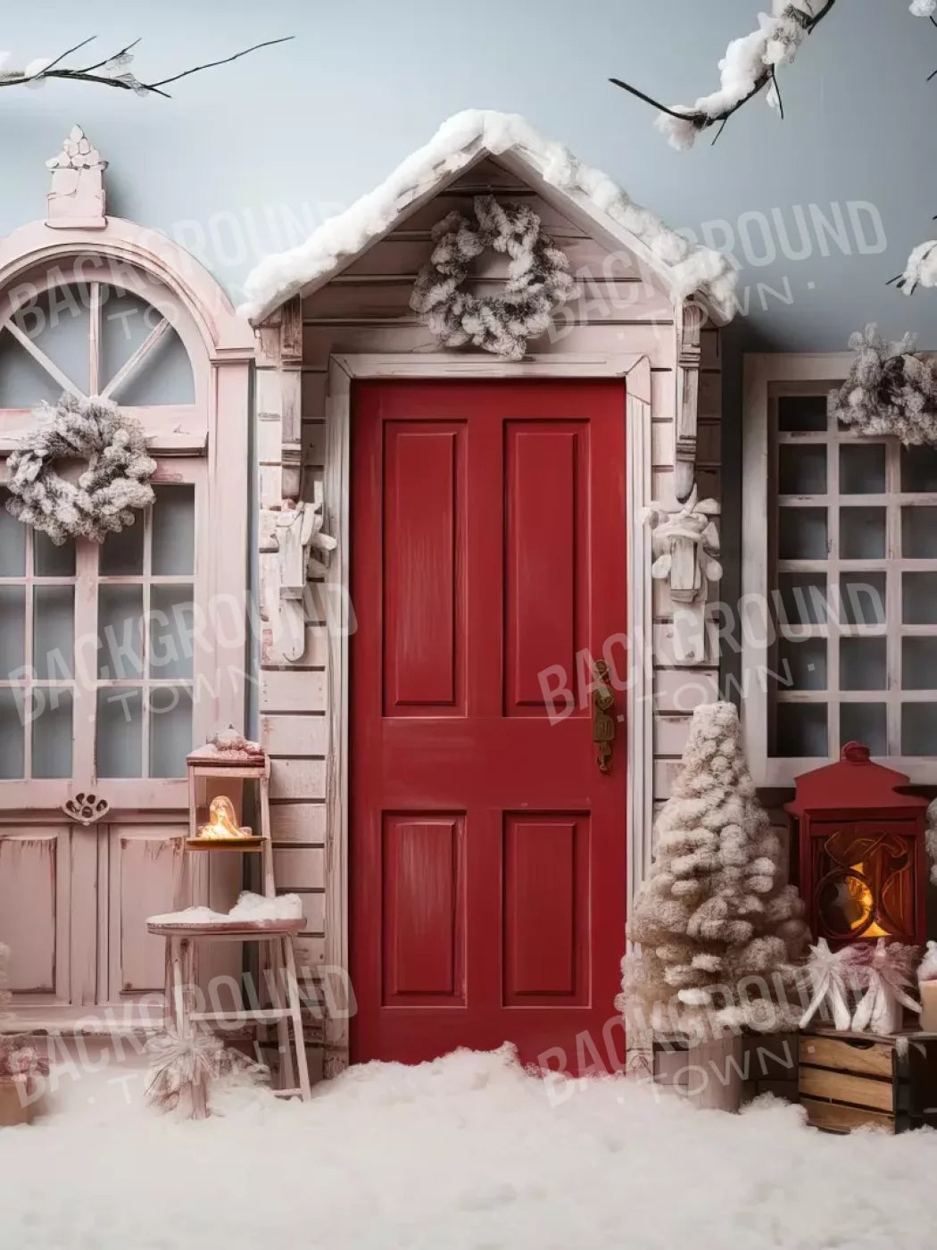 Pastel Christmas Door I 5’X6’8 Fleece (60 X 80 Inch) Backdrop