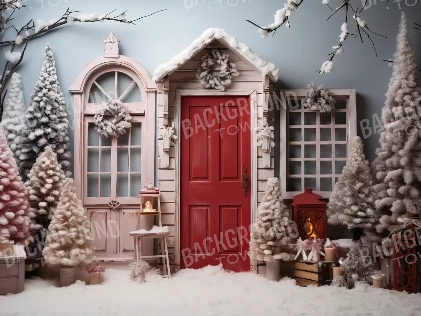 Pastel Christmas Door I 6’8X5’ Fleece (80 X 60 Inch) Backdrop