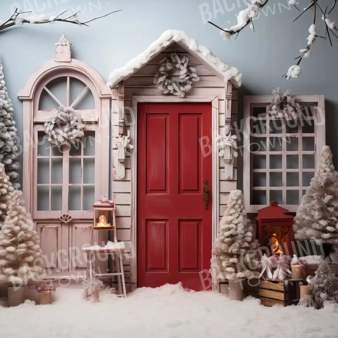 Pastel Christmas Door I 8’X8’ Fleece (96 X Inch) Backdrop