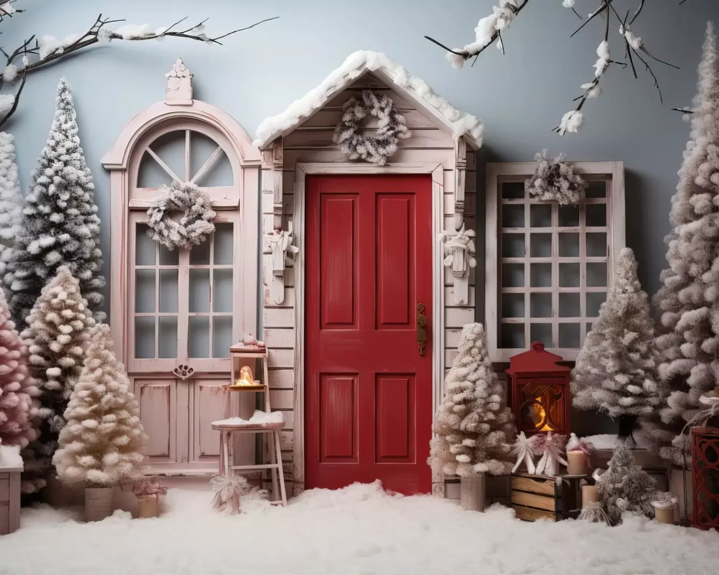 Pastel Christmas Door I 10’X8’ Fleece (120 X 96 Inch) Backdrop