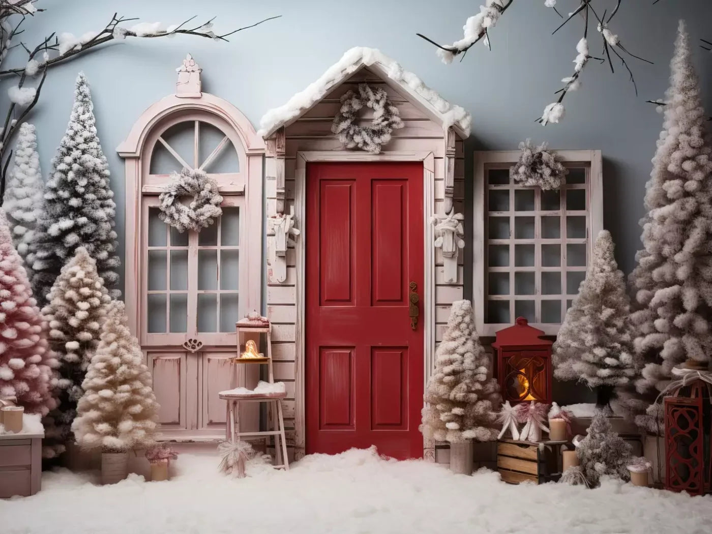 Pastel Christmas Door I 8’X6’ Fleece (96 X 72 Inch) Backdrop