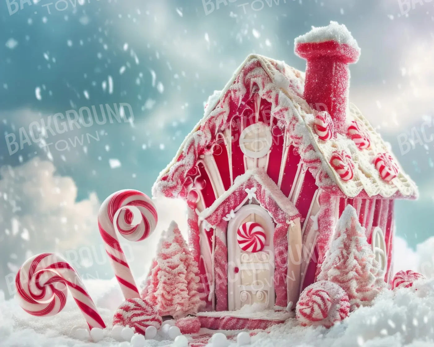 Peppermint Candy House And Path Christmas 10’x8’ Fleece (120 x 96 inch) Backdrop