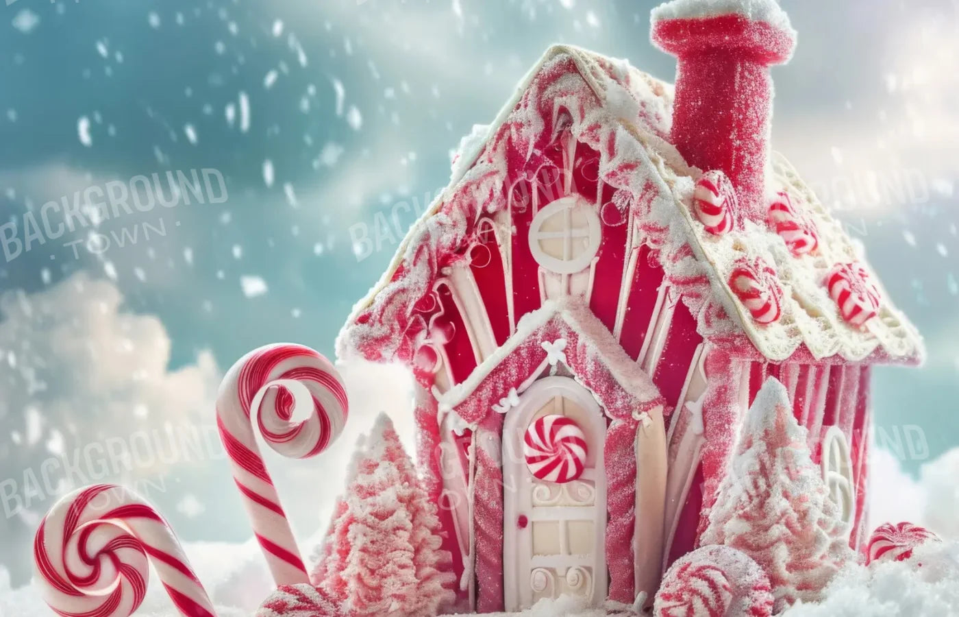 Peppermint Candy House And Path Christmas 14’x9’ UltraCloth (168 x 108 inch) Backdrop