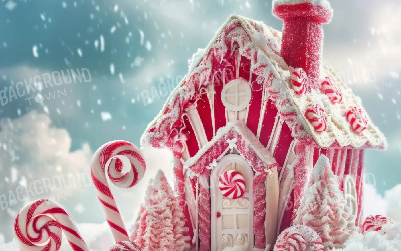 Peppermint Candy House And Path Christmas 8’x5’ UltraCloth (96 x 60 inch) Backdrop