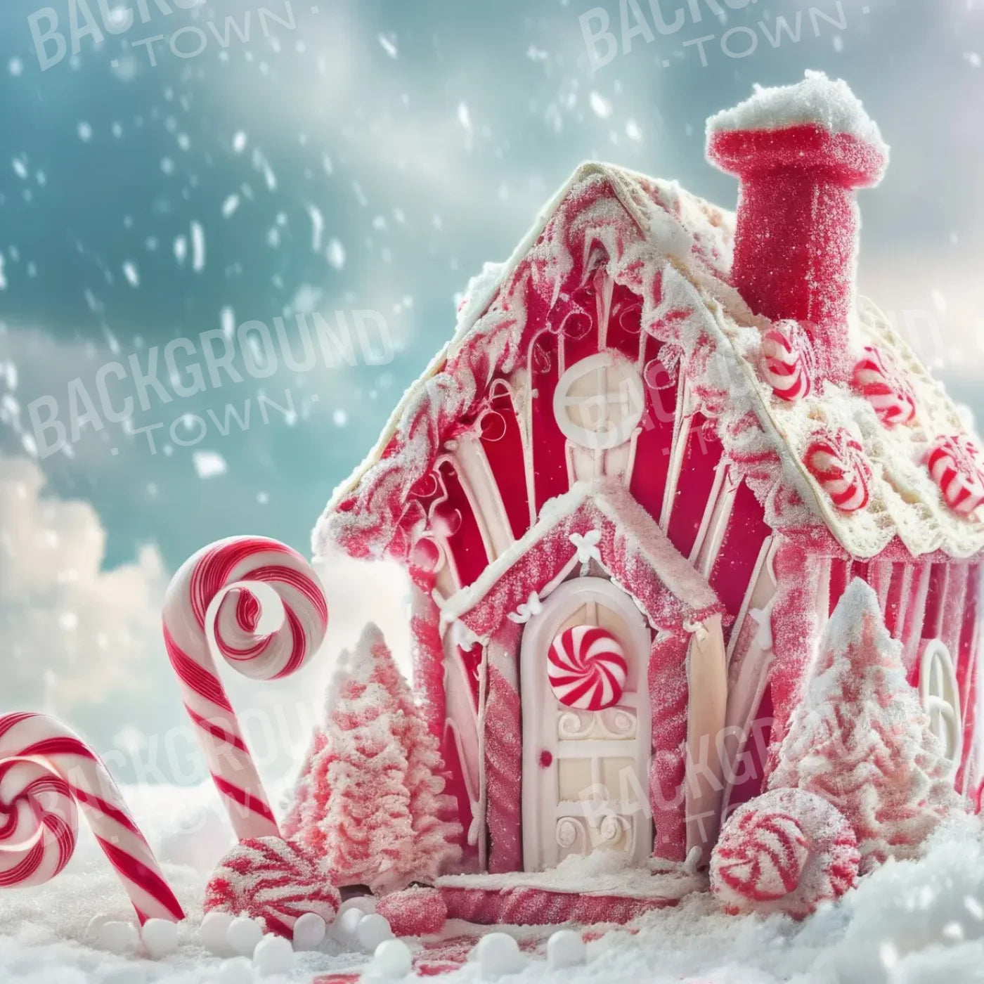 Peppermint Candy House And Path Christmas 8’x8’ Fleece (96 x 96 inch) Backdrop