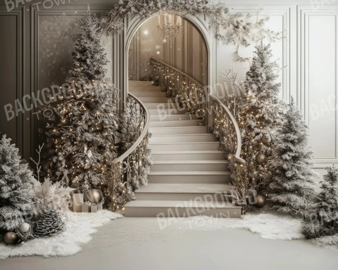Pewter Sparkle Christmas Staircase 10’x8’ Fleece (120 x 96 inch) Backdrop
