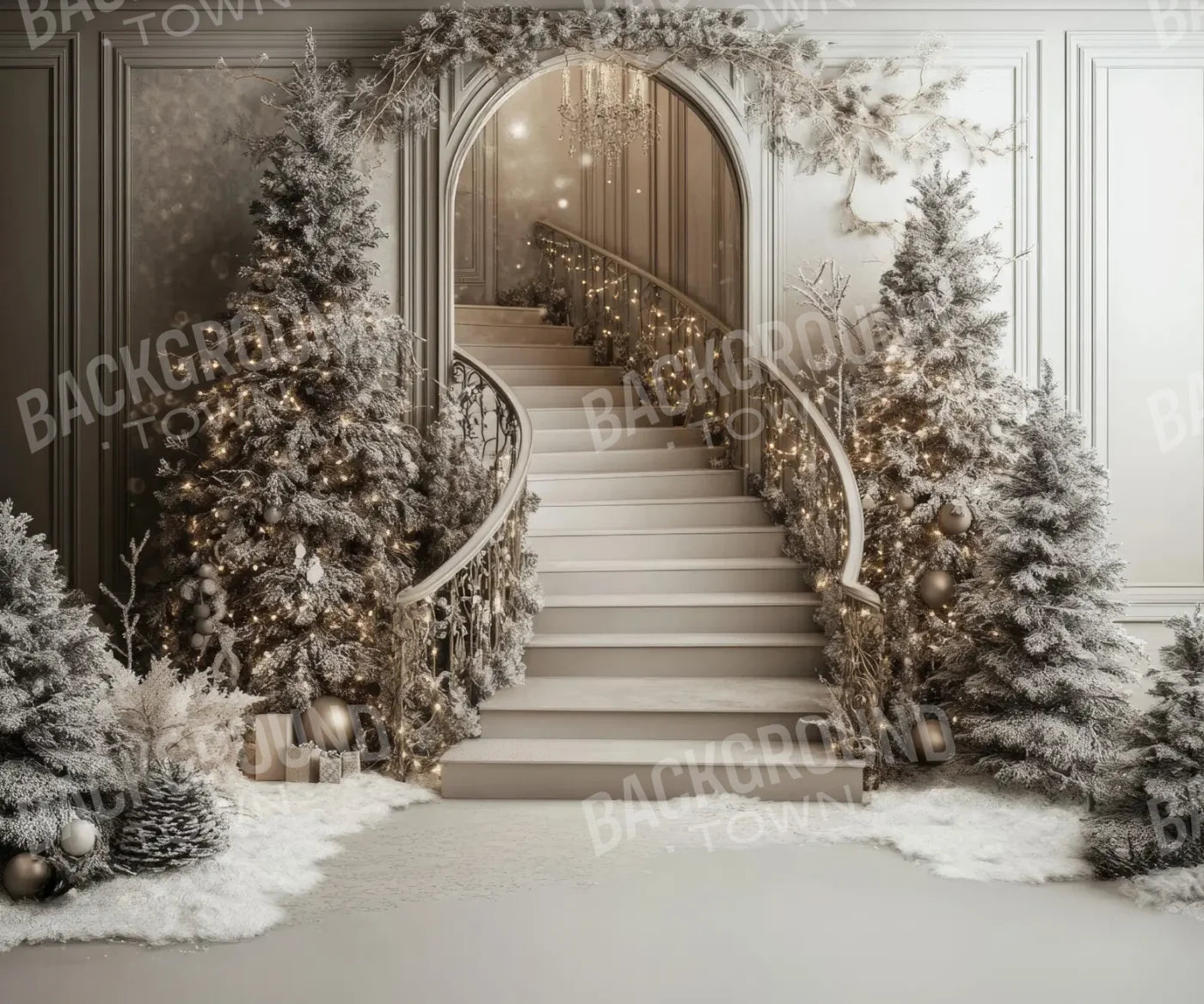 Pewter Sparkle Christmas Staircase 12’x10’ UltraCloth (144 x 120 inch) Backdrop