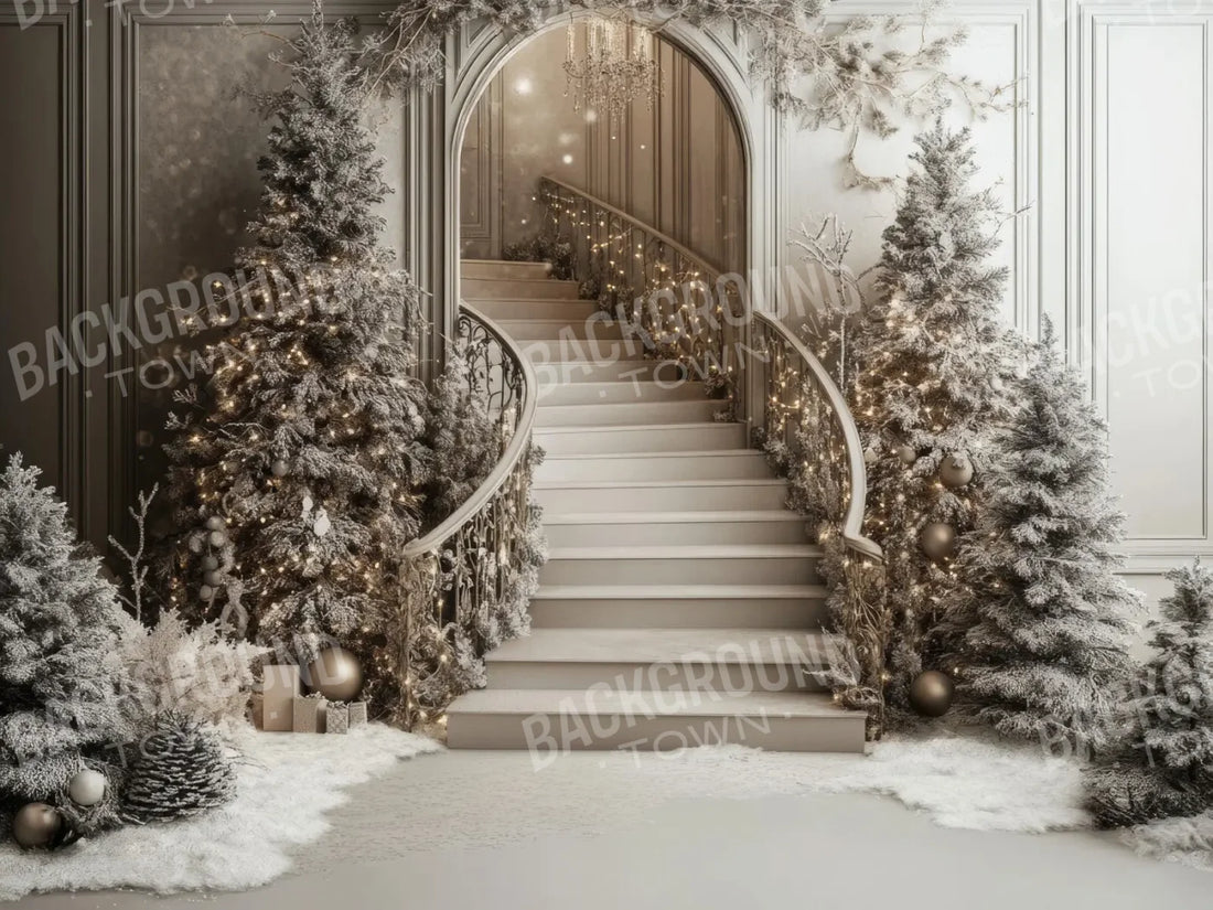 Pewter Sparkle Christmas Staircase 6’8x5’ Fleece (80 x 60 inch) Backdrop