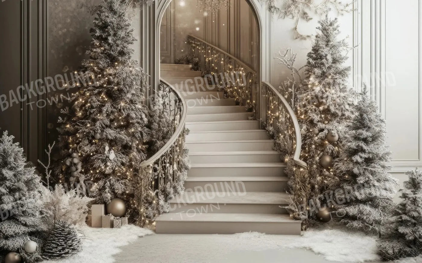 Pewter Sparkle Christmas Staircase 8’x5’ UltraCloth (96 x 60 inch) Backdrop