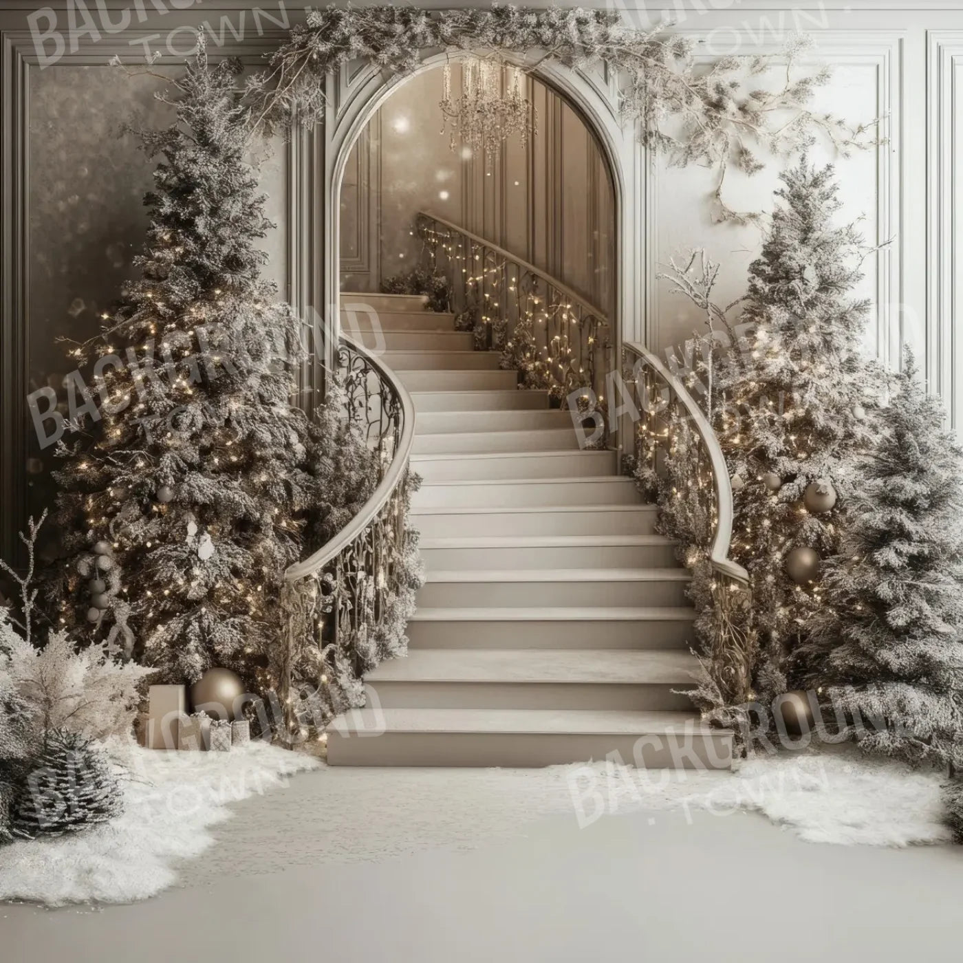 Pewter Sparkle Christmas Staircase 8’x8’ Fleece (96 x 96 inch) Backdrop