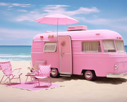 Pink Beach Day Camper 10’X8’ Fleece (120 X 96 Inch) Backdrop