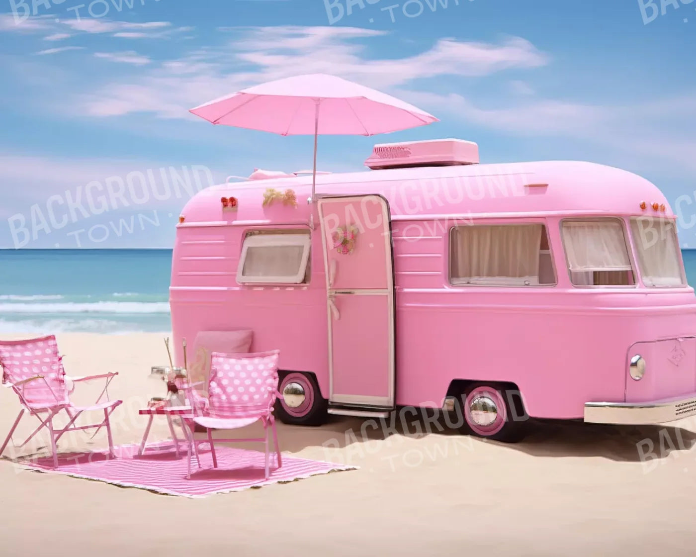 Pink Beach Day Camper 10’X8’ Fleece (120 X 96 Inch) Backdrop