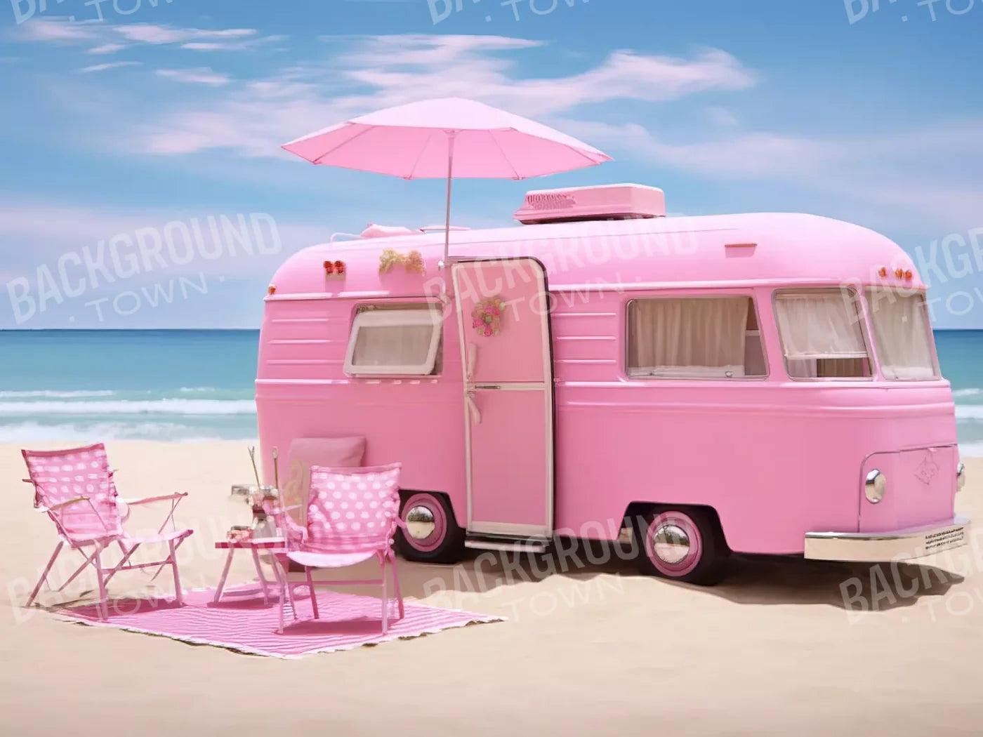 Pink Beach Day Camper 6’8X5’ Fleece (80 X 60 Inch) Backdrop