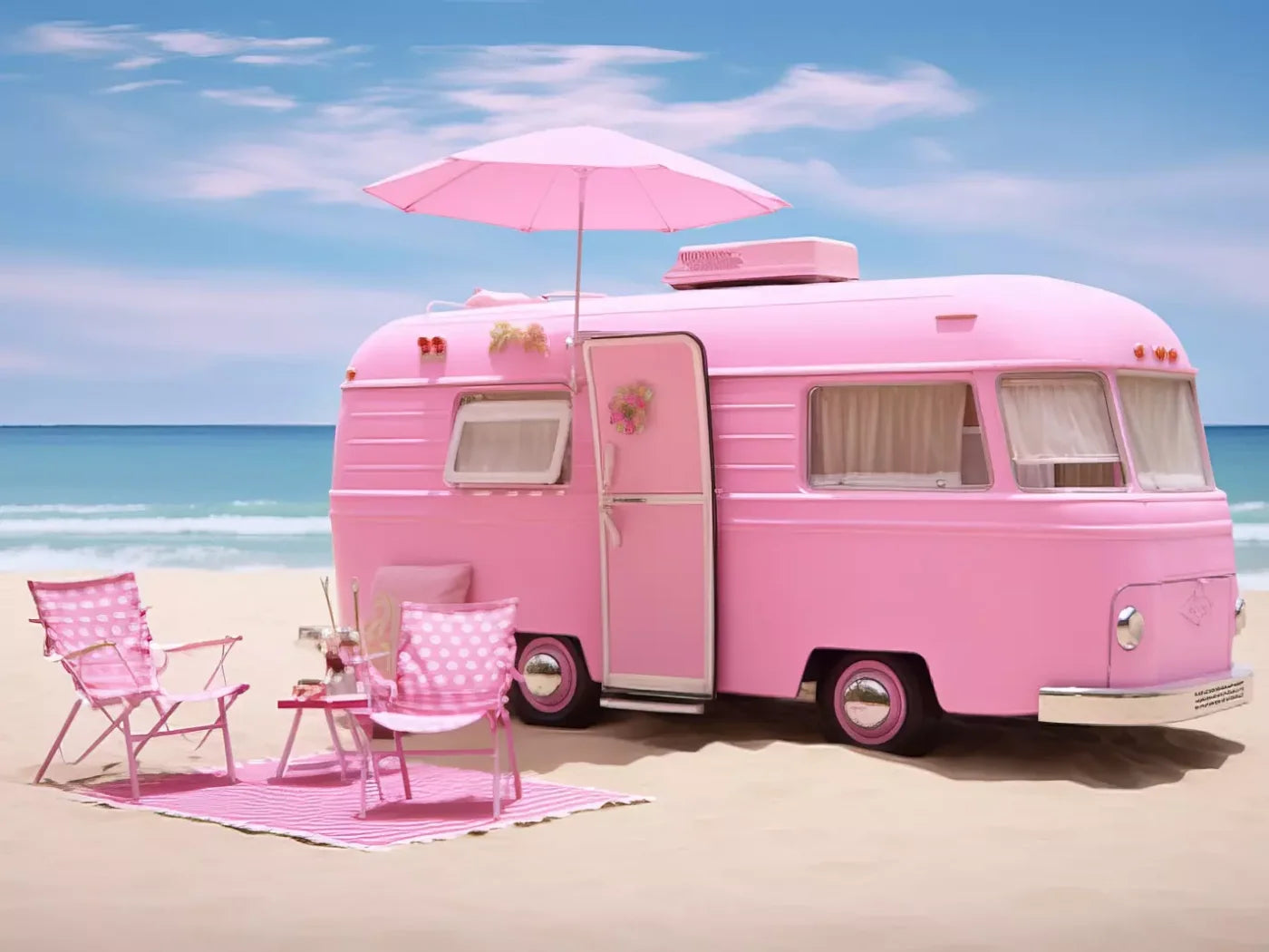 Pink Beach Day Camper 8’X6’ Fleece (96 X 72 Inch) Backdrop