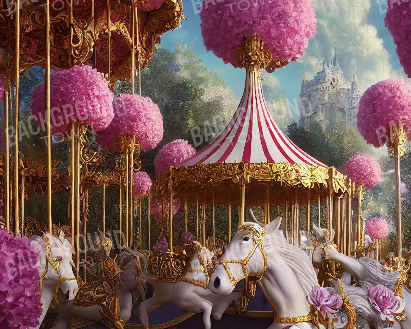 Pink Carousel Land 10’X8’ Fleece (120 X 96 Inch) Backdrop