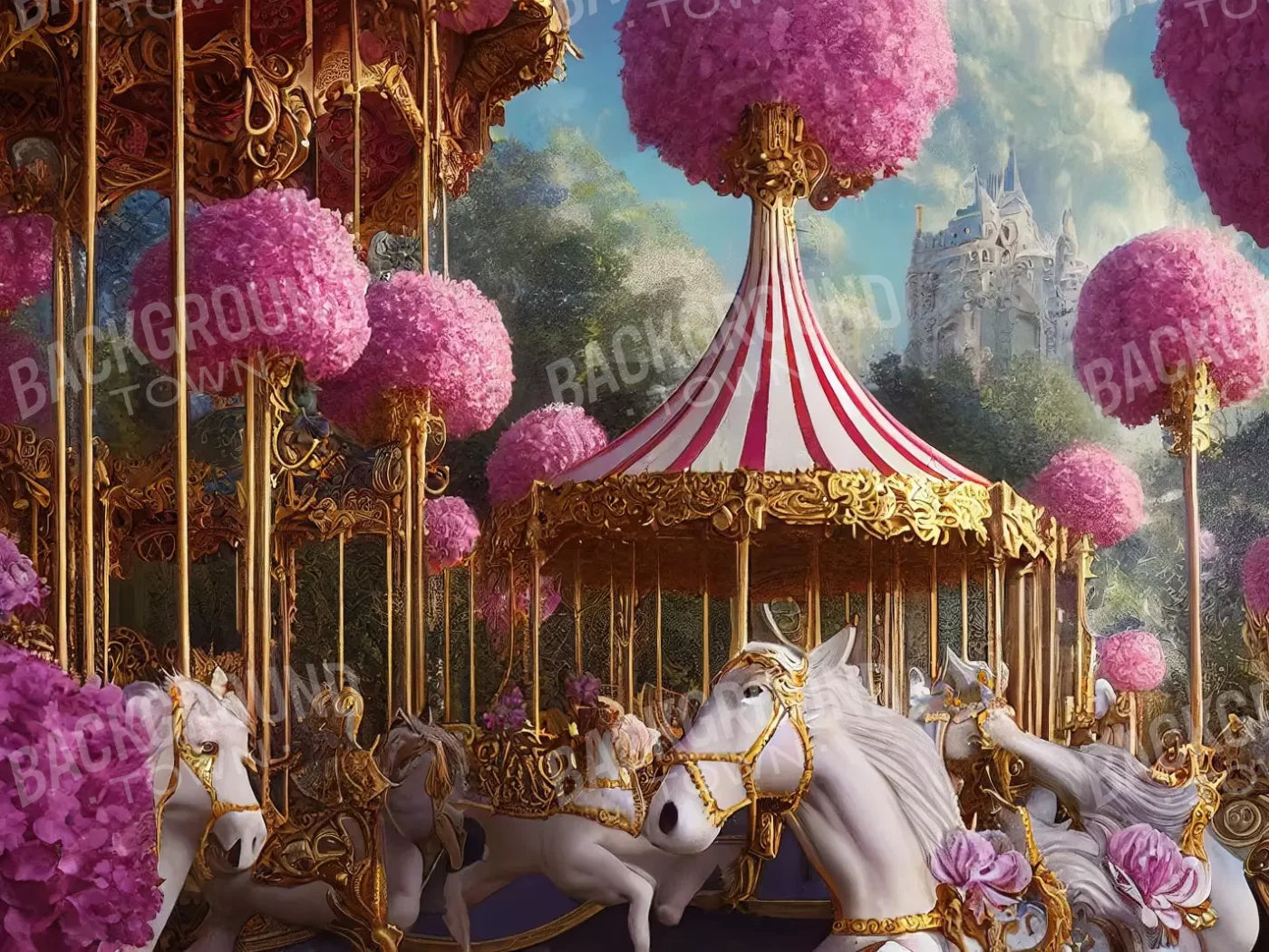 Pink Carousel Land 6’8X5’ Fleece (80 X 60 Inch) Backdrop