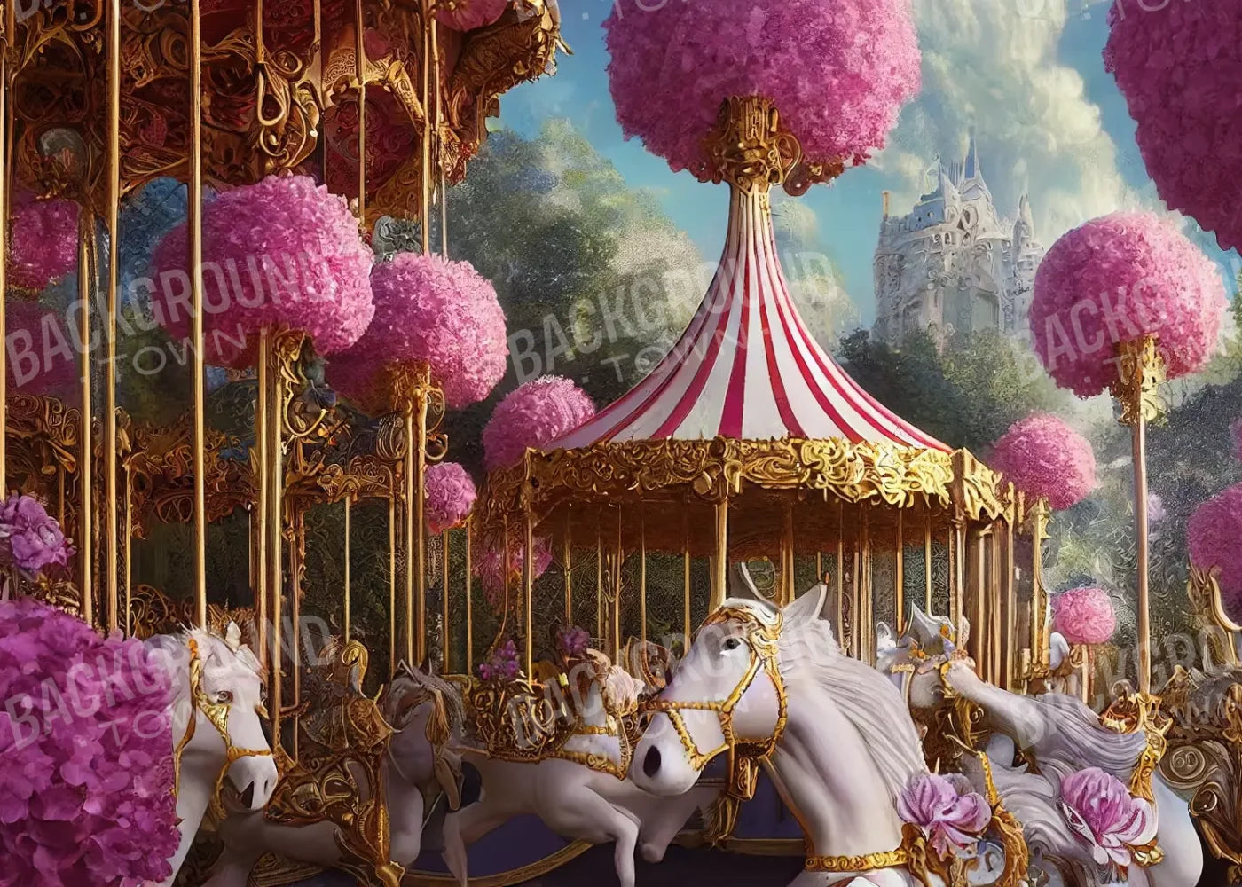 Pink Carousel Land 7’X5’ Ultracloth (84 X 60 Inch) Backdrop