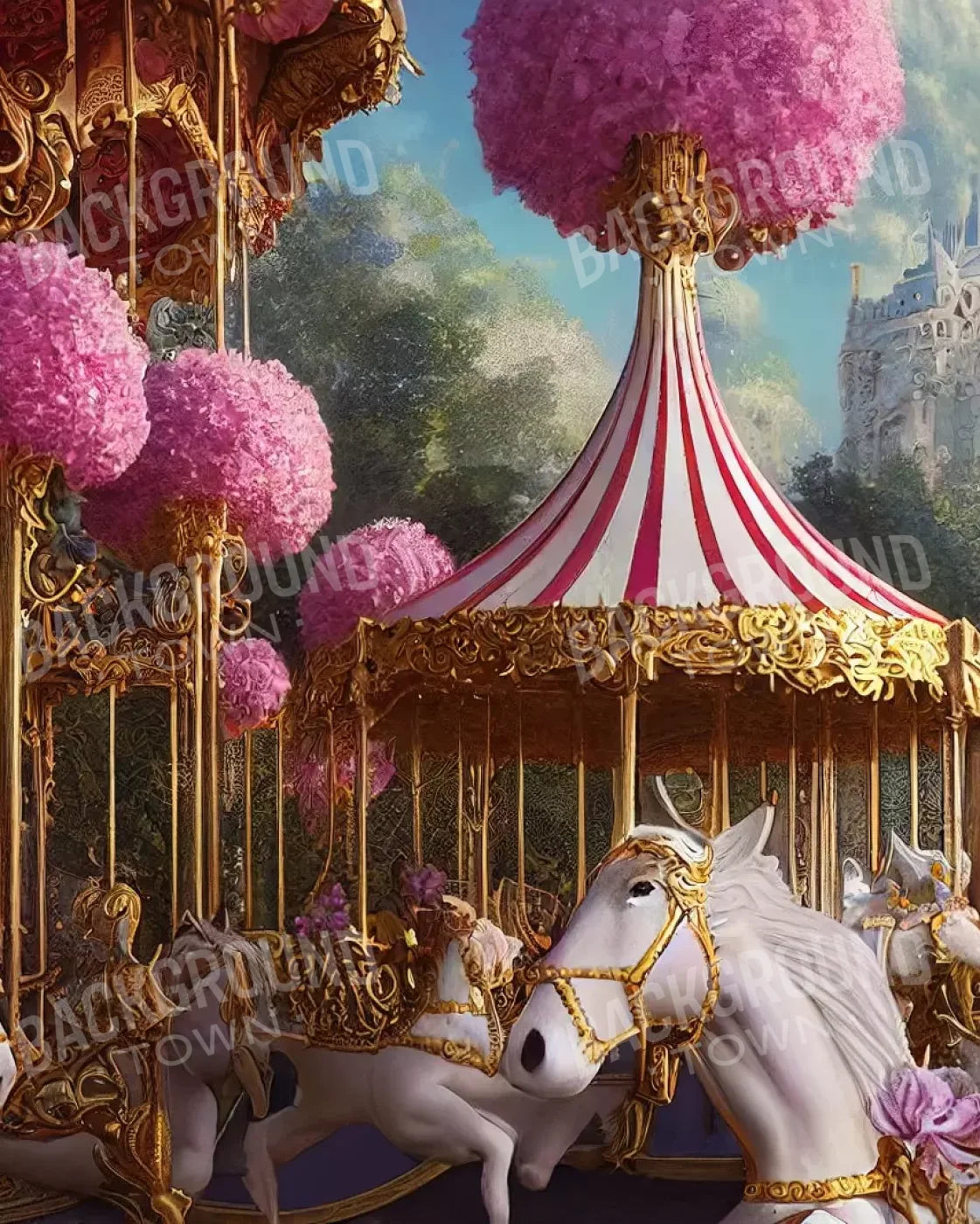 Pink Carousel Land 8’X10’ Fleece (96 X 120 Inch) Backdrop