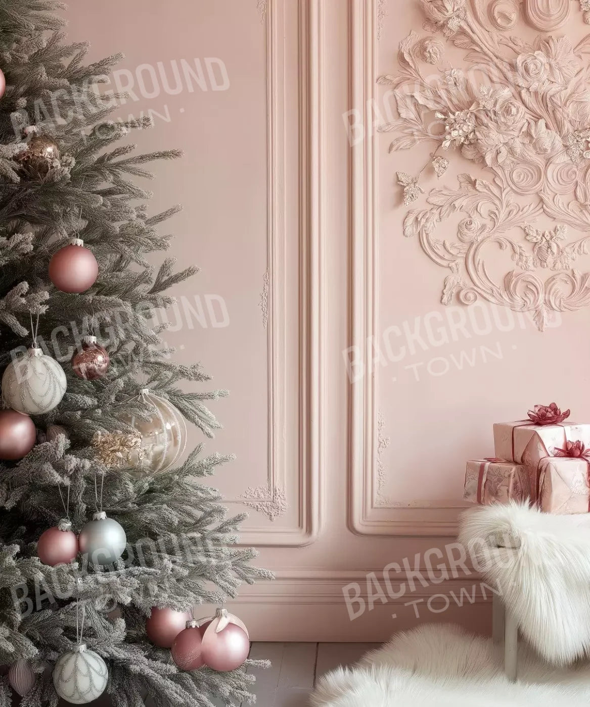 Pink Christmas Tree And Wall 10’X12’ Ultracloth (120 X 144 Inch) Backdrop