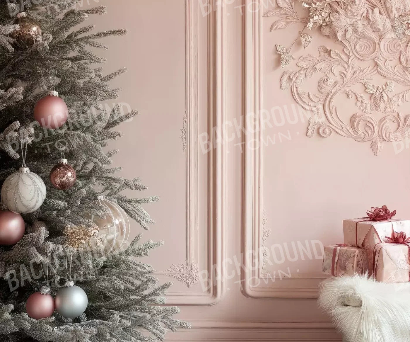 Pink Christmas Tree And Wall 12’X10’ Ultracloth (144 X 120 Inch) Backdrop