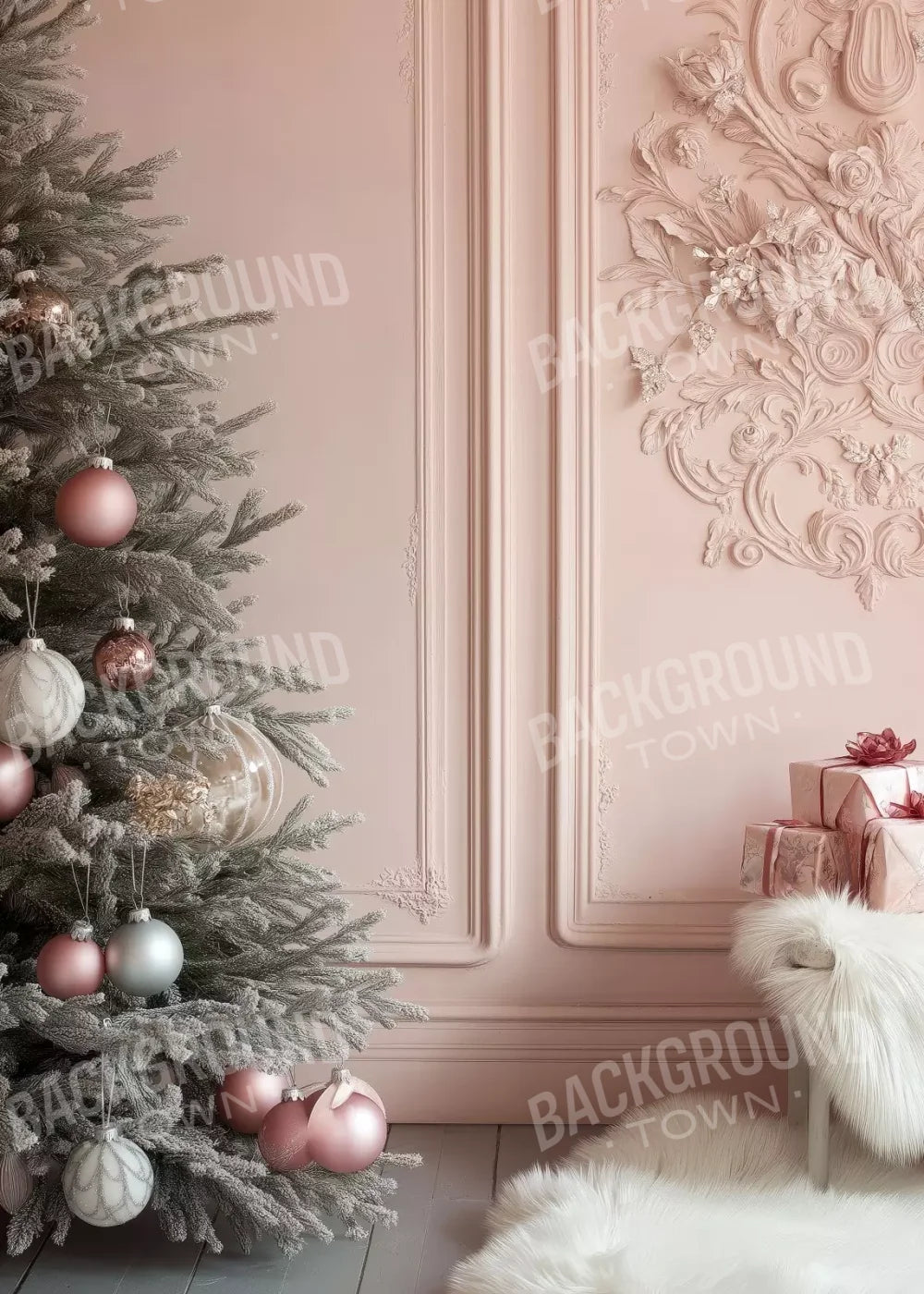 Pink Christmas Tree And Wall 5’X7’ Ultracloth (60 X 84 Inch) Backdrop