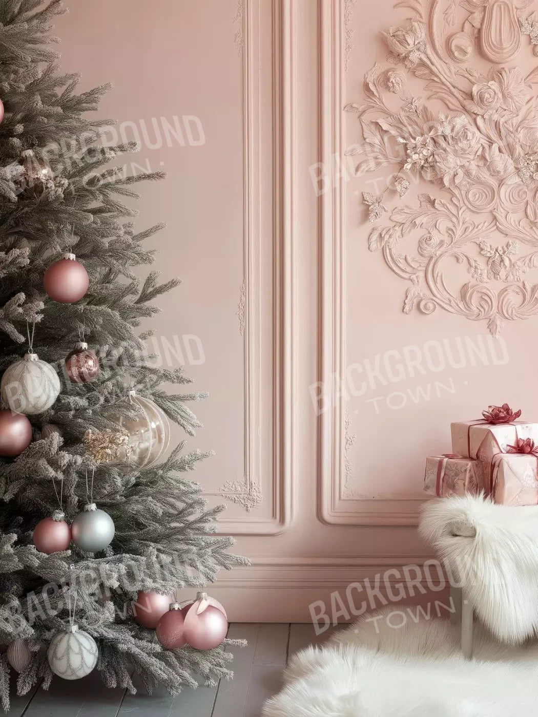Pink Christmas Tree And Wall 6’X8’ Fleece (72 X 96 Inch) Backdrop