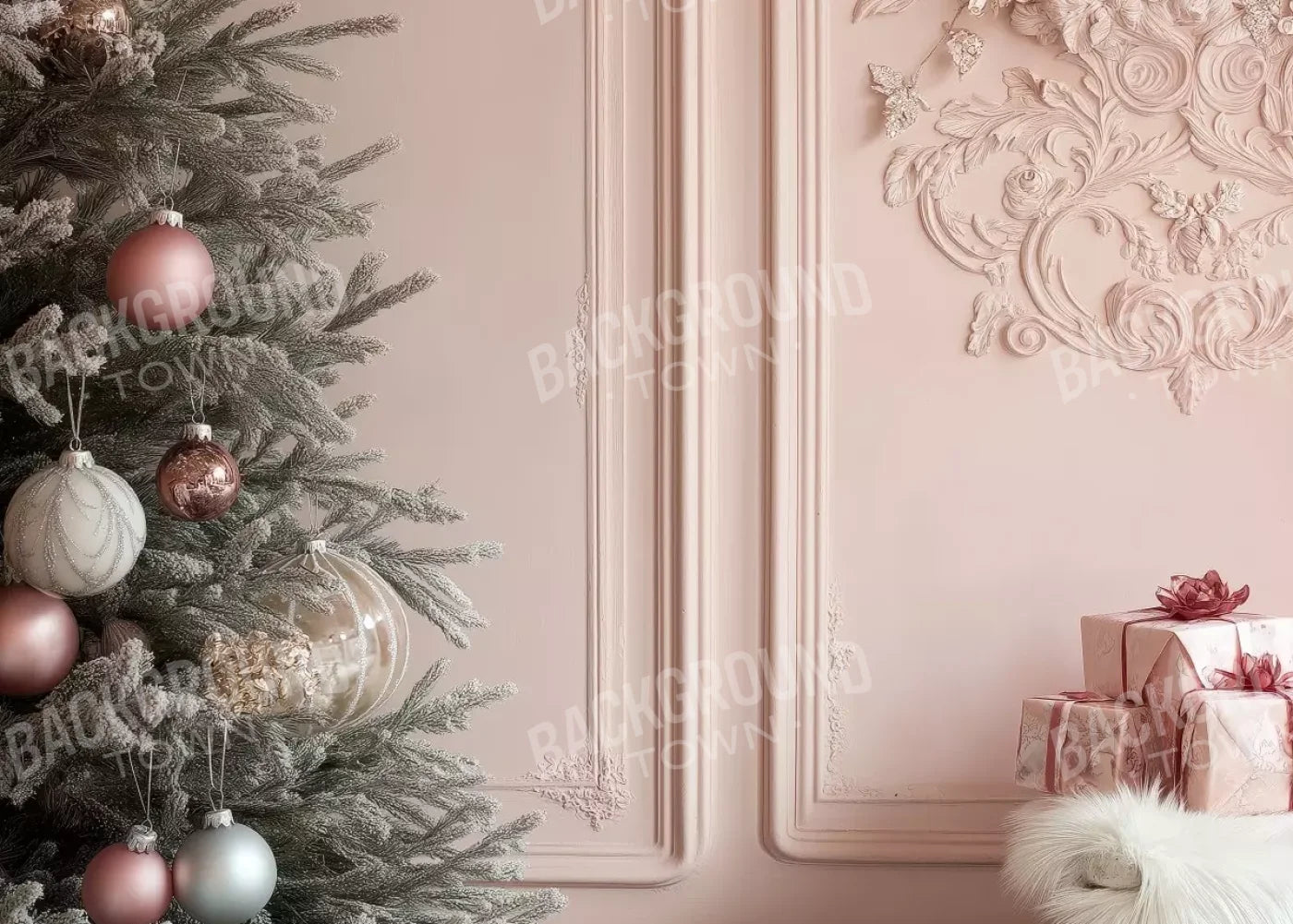Pink Christmas Tree And Wall 7’X5’ Ultracloth (84 X 60 Inch) Backdrop