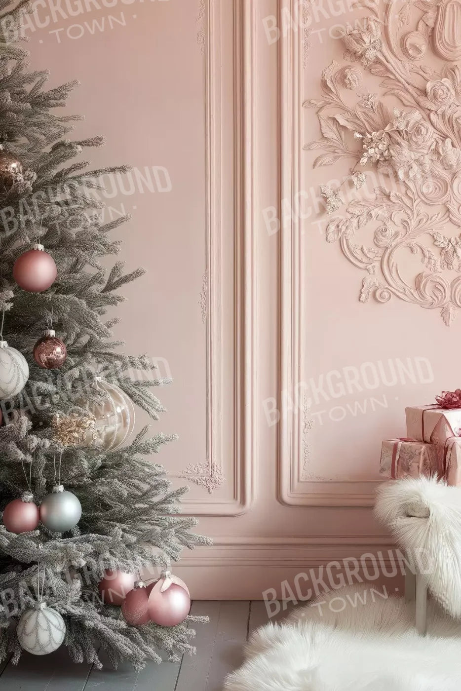Pink Christmas Tree And Wall 8’X12’ Ultracloth (96 X 144 Inch) Backdrop