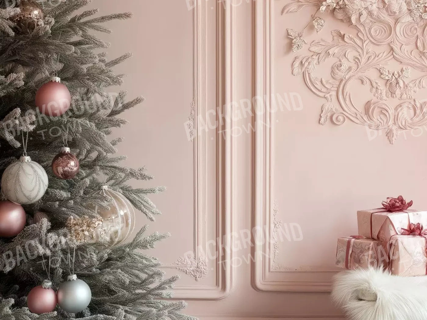 Pink Christmas Tree And Wall 8’X6’ Fleece (96 X 72 Inch) Backdrop