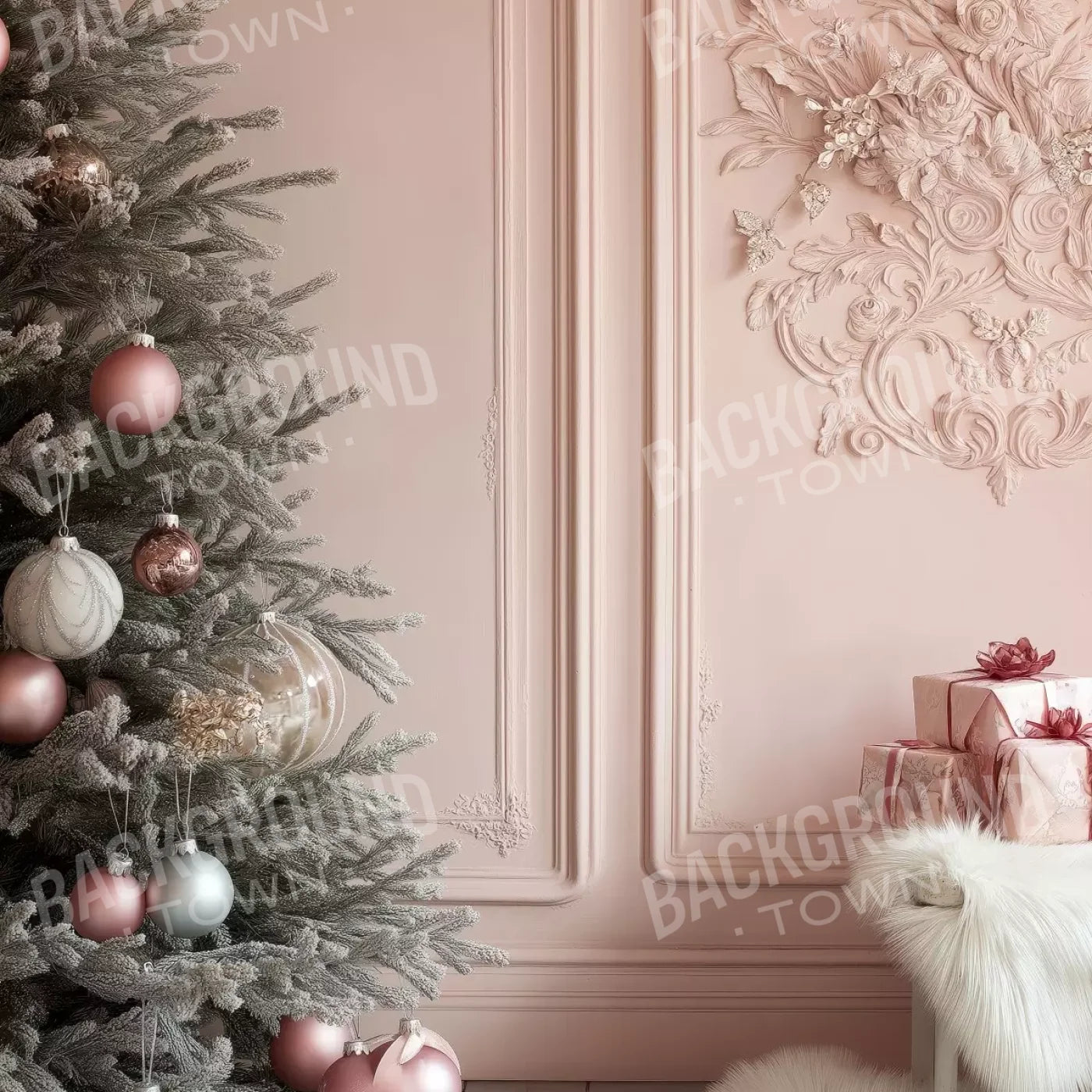 Pink Christmas Tree And Wall 8’X8’ Fleece (96 X Inch) Backdrop
