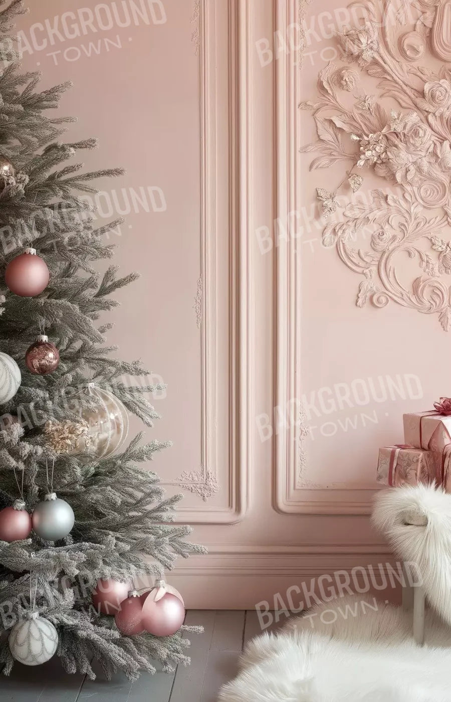 Pink Christmas Tree And Wall 9’X14’ Ultracloth (108 X 168 Inch) Backdrop