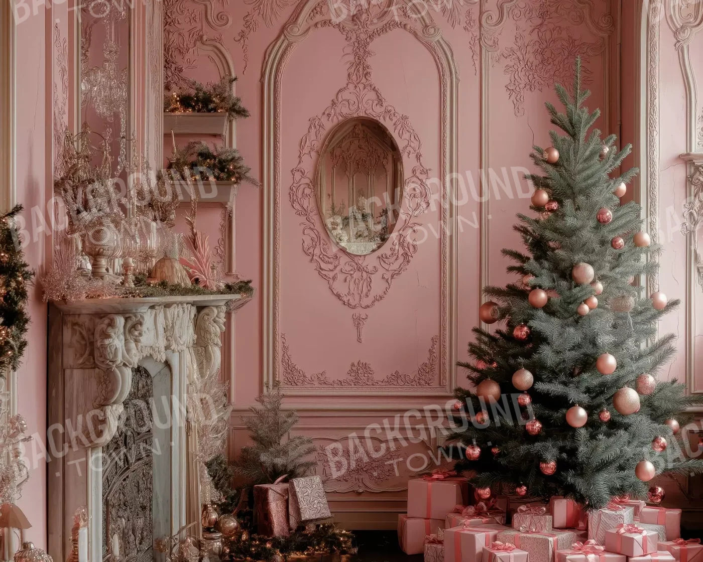 Pink Victorian Christmas Wall 10’X8’ Fleece (120 X 96 Inch) Backdrop